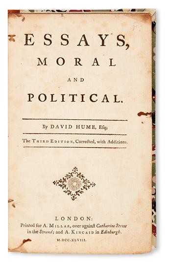 HUME, DAVID.  Essays, Moral and Political . . . Third Edition, Corrected, with Additions.  1748